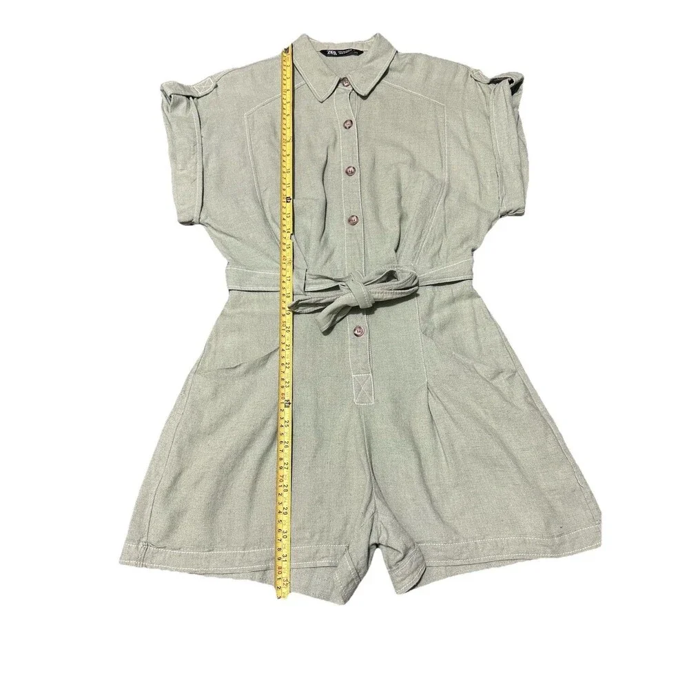 Zara Linen Romper Women's Small Green Utility Belt Coastal Beach Shortalls